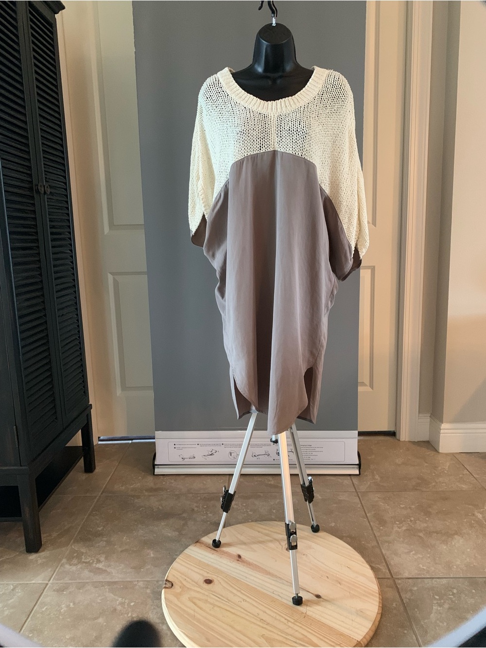 Two-Tone Cream and Taupe Knit Midi Dress